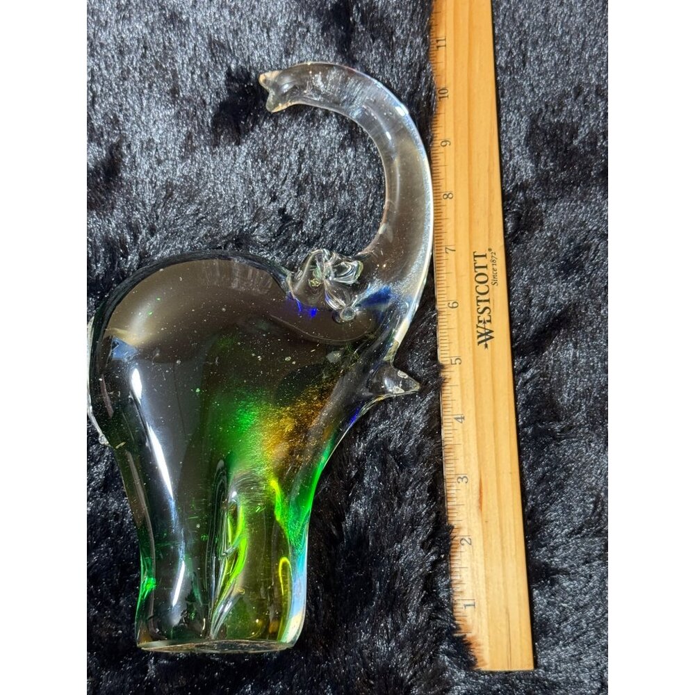 Vintage Glass Elephant Figurine10" Green & Amber Art Glass Decor - Picture 5 of 11